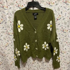 EUC Just Polly 60s Green Daisy Flower Knit Button-up Oversized Cardigan Size S